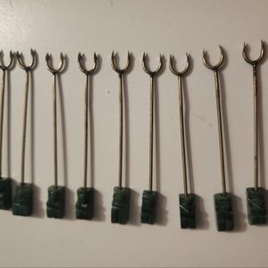 9-pc Set Vintage Green Carved Quartz/Stone Aztec/Tiki Faces H'orderves Forks.